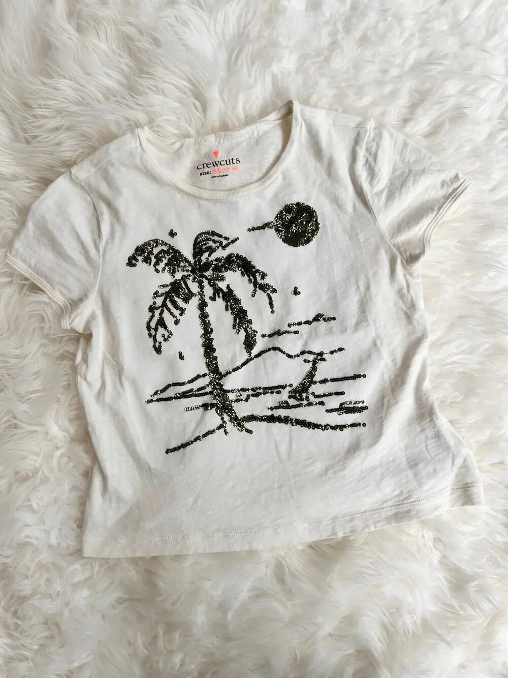 Crewcuts Sequin Palm Tree Tee - White with Black Sequins